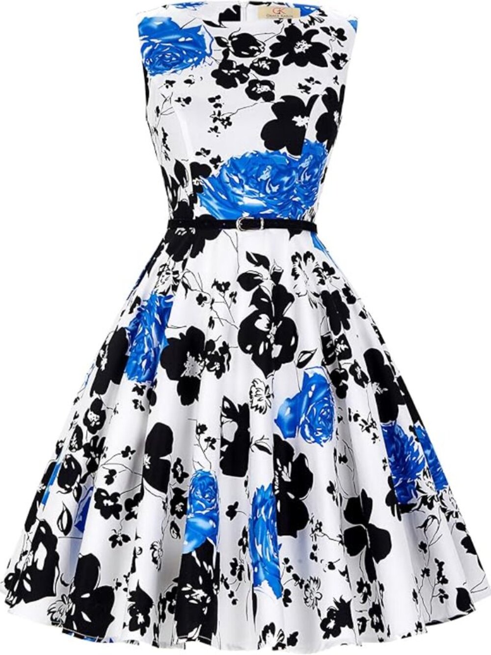 Black, White, & Blue Floral Pinup Dress - NO BELT